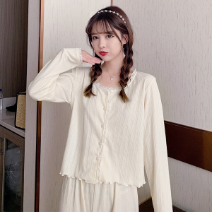 Bộ Đồ Ngủ Cotton Dài Tay Cho Nữ Mùa Xuân Thu Giản Dị Dễ Thương Viền Ren Màu Trơn Mặc Ở Nhà Bộ Đồ Ngủ Cotton Nguyên Chất Cho Nữ