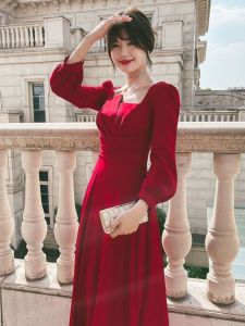 Elegant Red Long Sleeve Wedding Dress Square Collar Engagement Party Dress Slim Fit Formal Evening Gown for Women
