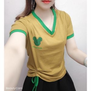 Áo Thun Nữ Cổ Chữ V Không Đều Thắt Nơ Tay Ngắn Thời Trang Mùa Hè 2023 Áo Thun Cotton Ôm Vừa Vặn Họa Tiết Sọc Kẻ Caro