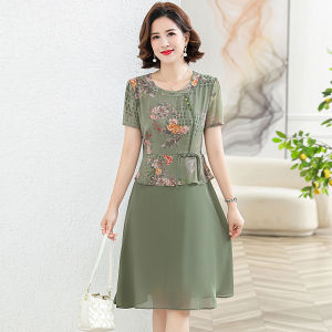Elegant Chiffon Short Sleeve Dress for Summer Middle-aged Women Tummy Control
