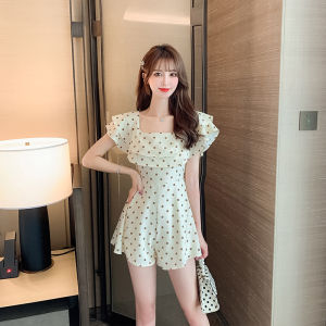 Impression Fashion Women Summer French Chiffon Dot Flounce Square Neck Short Sleeve Tunic Wide Leg Shorts Jumpsuit