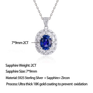 Pretty Beauty Sapphire Jewelry Set for Women S925 Sterling Silver 2CT Lab Sapphire Halo Necklace Earrings September Birthstone