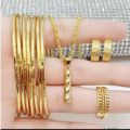 SET PERHIASAN EMAS KALUNG NURI SET LIONTIN BAMBU + CINCIN MODEL RANTAI + GELANG KERONCONG EMAS POLOS + ANTING HOOP MODEL CLIP. 