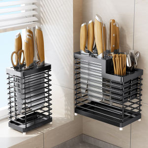 Stainless Steel Kitchen Storage Rack Wall Mounted Knife Holder Home Use Utensils Chopsticks Bucket Integrated Storage Shelf