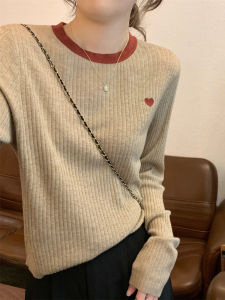 เสื้อเชิ้ตคอตตอนอินทรีย์หลวมๆ สไตล์ฝรั่งเศสสำหรับผู้หญิง ฤดูใบไม้ร่วง/ฤดูหนาว ดีไซน์ปักลายหัวใจ ชุดชั้นใน เสื้อสเวตเตอร์ถัก