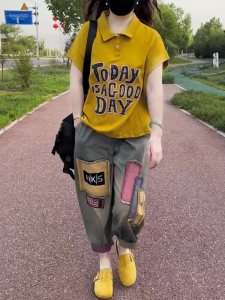 Shalldoer | Casual Sportswear Set For Women Summer 2025 Polo Collar Letter Print Short Sleeve T-Shirt Denim Harlan Pants Two-Piece Suit