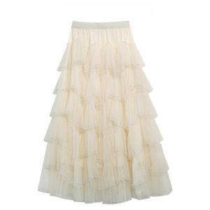 กระโปรงยาวปานกลางผ้าตาข่ายเอวสูงปักลูกปัดหลากชั้นหวานๆ กระโปรงทรงเอสไตล์นางฟ้า