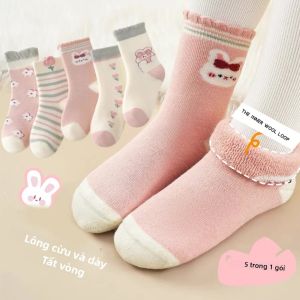 5 Đôi Tất Ấm Áp Cho Trẻ Em Tất Dày Lông Cừu Họa Tiết Thỏ Động Vật Dễ Thương Đan Cotton Co Giãn Nửa Tất Cho Bé Gái Hợp Thời Trang Mềm Mại Thoải Mái