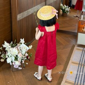 Girls Summer Princess Dress Red Sleeveless Strapless Dress Korean Style Childrens Clothing Toddler Kids Fashionable Outfit
