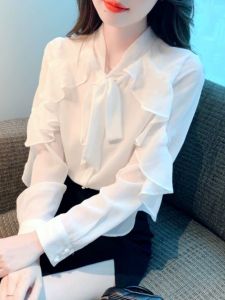 Elegant White Womens Shirt Spring Autumn Sweet Blouse Belly Concealing Lace Trim Chiffon Top Commute Style Long Sleeve V-Neck