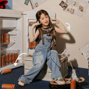 Girls American Retro Style Denim Overalls Set Thin Casual Long Pants Student Personalized Trousers Childrens Clothing