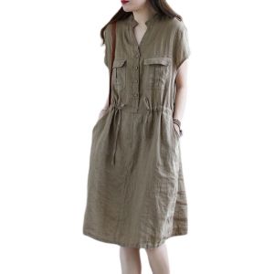 Slimming Summer Dress with Waist Shaping Mid-Length Sleeveless Shirt Style