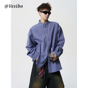 Premium Blue Plaid Long Sleeve Shirt Mens Casual Loose Fit Collared American Lazy Style Trendy Brand Leisure Loose Top