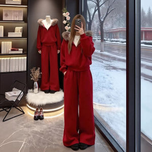XUECAIQI | Red Warm Winter Fashion Set Hooded Fluffy Coat & Wide Leg Pants