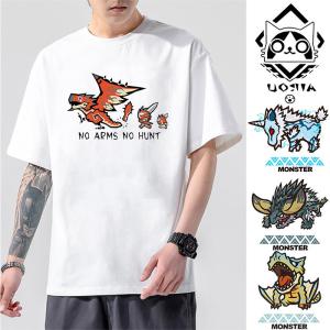 Monster Hunter World T-Shirt Mens Short Sleeve Collabextinction Dragon Aelu Cat Anime Game Clothes Loose Fit Youth Popular Summer Thin round Neck Cartoon Anime