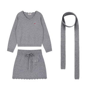 Embroidered V-neck Wool Knitted Sweater and Skirt Set Red