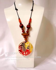 ECO STORY™ White Clay YELLOW-ORANGE BATIK FLORAL Large Handpainted Pendant Design A
