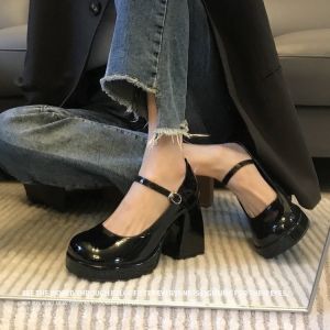 Cowhide Version ~ White Platform Mary Jane Shoes Chunky Heel High Heels French Flats Womens Fall and Winter Beaded Every Night Shoes