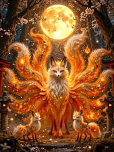 Huacan Full Square Round Diamond Painting Nine-Tailed Fox Moon Diamond Mosaic Animal Landscape Art Decorative Paintings