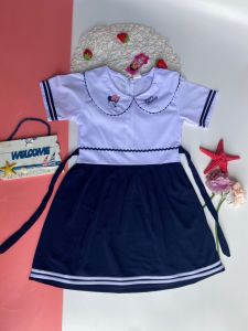VÁY ĐẦM LIỀN CỔ SEN TAY PHỒNG CỘT DÂY HỌC SINH CẤP 1 TIỂU HỌC - ÁO ĐẦM HỌC SINH BÉ GÁI ĐI HỌC - ĐỒNG PHỤC HỌC SINH - ĐẦM HỌC SINH HÀNG PHỔ THÔNG 15 KG ĐẾN 50KG