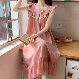 Summer Cotton Nightgown Womens Sleepwear with Chest Pad Strap Home Clothes Pure Cotton Sleeveless Square Collar Princess Style