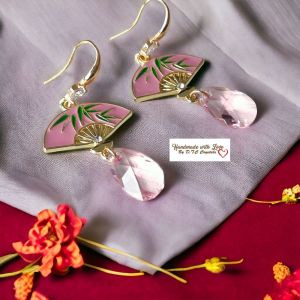 [D.T.C Crystals] Pink Bamboo Oriental Fans with Swarovski Pear Shaped Light Rose Earrings