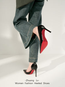 รองเท้าส้นสูงคริสตัลสีแดงด้านข้างเปิดสำหรับผู้หญิง ฤดูใบไม้ผลิและฤดูใบไม้ร่วง สีดำ เซ็กซี่ ด้านข้างเปิด หนัง PU รองเท้าส้นเดี่ยว