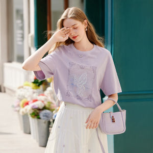 XIANGYING | Purple Butterfly Print Short Sleeve Summer T-shirt