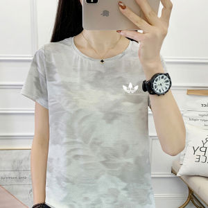 Loose Fit Ice Silk Running Fitness Short Sleeve Set Womens round Neck T-Shirt Yoga Clothes Anti-Light Three-quarter Length Pants