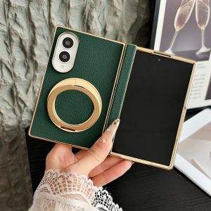 szhaiyu | Electroplated Lychee Pattern Leather Magnetic Phone Case for Samsung Galaxy Z Fold 7 8 Ultra ZFold7 Rotate Bracket Hinge Cover