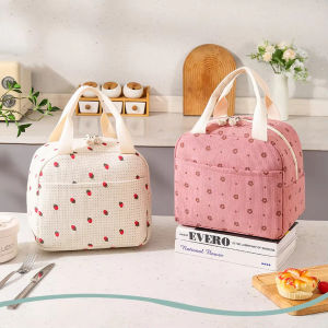 1pc Corduroy Insulation Lunch Bag Portable Hand-held Bento Bag Large Capacity Flower Strawberry Patterned Outdoor Picnic Bag