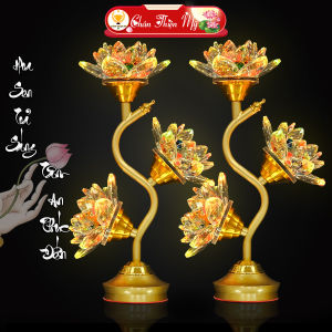 Đèn Hoa Sen Pha Lê Thân Cong Hợp Kim Cao Cấp CHÂN THIỆN MỸ Trang Trí Bàn Thờ Đồ Thờ Cúng