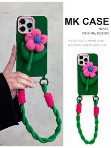 เคสโทรศัพท์มือถือแบบครอบเต็มพร้อมสายสะพายไหล่แบบปรับได้สำหรับ Apple 17Promax พร้อมขาตั้งดอกไม้สีชมพู สายรัดแขน 13 ชิ้น