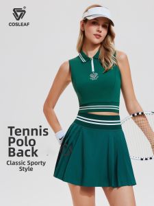 COSLEAF | Color Block Sleeveless Polo Collar Short Crop Top High Waist Pleated Skirt Set