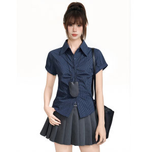 QIAOJIAOYA | Áo Sơ Mi Cổ Polo Sọc Xanh Tay Ngắn Form Ôm Ngắn