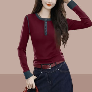 Color Block Long Sleeve T-Shirt Womens Slim Fit Button Design Autumn New Style plus Size Fashionable Casual Korean Style Top
