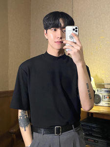 Japanese Style Cityboy Mens T-shirt Loose Fit French Chic Short Sleeve Casual Youth Tops for Summer with Turtleneck