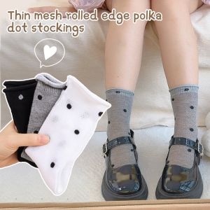 ถุงเท้าลูกวัวลายจุดสำหรับผู้หญิงสไตล์บัลเลต์โลลิต้าถุงเท้าบางเฉียบระบายอากาศตาข่ายถุงเท้าทรงท่อกลางคุณภาพสูงขอบโค้งมนสำหรับใส่ได้ทุกวันสำหรับรองเท้าหนัง