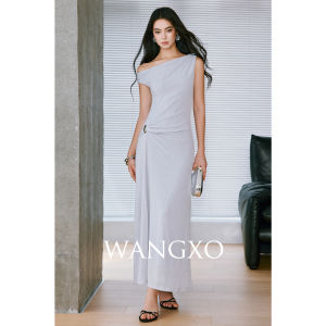 WANGXO | Silver Acetate Floral Jacquard Knit One Shoulder Flared Mermaid Straight Dress