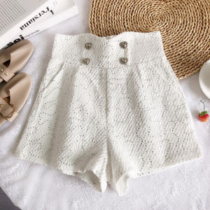 Fall Winter High Waist Wide Leg Short Pants Womens Bright Sequins Tweed Style Korean Version Commute Casual Pants