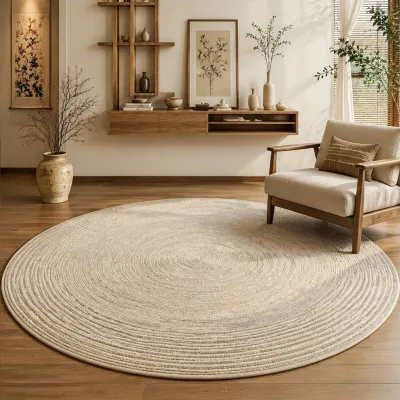 พรมกลมวินเทจ ผ้านุ่มเหมือนขนแกะ สไตล์ Wabi-Sabi สำหรับห้องนั่งเล่น