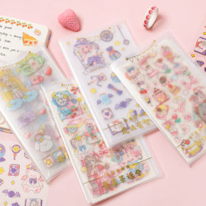 Ziplock Bag With 6pcs Cartoon Stickers For Notebook Set Stationary Stationery Frosted Zipper Bag Pelekat Transparent Zip Lock Bag 收纳袋