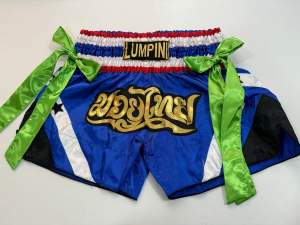 Ram Lumpini Satin Muay Thai Fight Shorts Blue with Light Green Ribbons Large