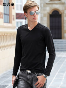 MrBu Long Sleeve V-Neck T-Shirt Pure Color Base Layer Shirt for Men Comfortable Knitted Cotton Polyester Blend Winter Top