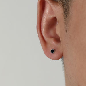 S925 Sterling Silver Simple Black Round Studs Mens and Womens Couple Personal Korean Style Anti-Allergy Earrings Ear Bar Small