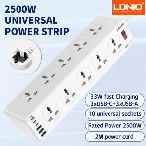 LDNIO Multi 10 Outlet Plugs Power Strip Universal USB C 2M Extension Cable Network Filter Surge Protector Socket Charger Adapter