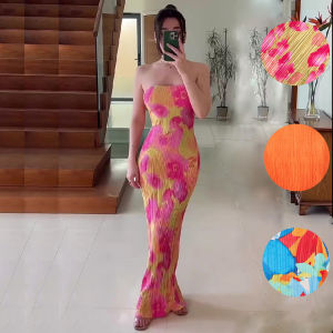 Printed Pleated Strapless Long Skirt with Bow Design Womens Summer Fashion Dress without Brand Registered Trademark