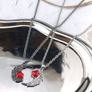 Red Rhinestone Feather Couple Necklace Valentines Day Gifts for Women Men Angle Devil Pendant Necklaces Accessories