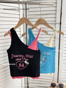 New Fashionable Embroidered Short Breathable Vest Top with Chest Pad for Women Outerwear Summer Casual Wear Cotton Lining