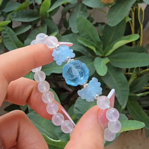 Q2202 Vòng hạt Moonstone 7li mix hoa mẫu đơn 2 hoa sen Aquamarine charm bi Bạc chuẩn cho KimThuỷ và Mộc - Phong Thuỷ TUDO P